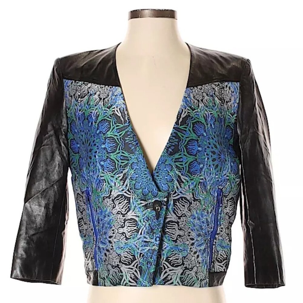 Helmut Lang Black Leather Trim Blue Green Patterned Blazer